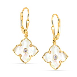 LeCalla Sterling Silver Leverback Drop Earrings | 14K Gold-Plated Jewelry Gifts for Mother | Lever-Back Mother of Pearl Clover Flower Leverback Dangle Earrings for Women 35MM