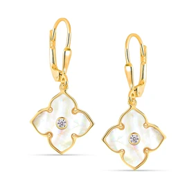 LeCalla Sterling Silver Leverback Drop Earrings | 14K Gold-Plated Jewelry Gifts for Mother | Lever-Back Mother of Pearl Clover Flower Leverback Dangle Earrings for Women 35MM