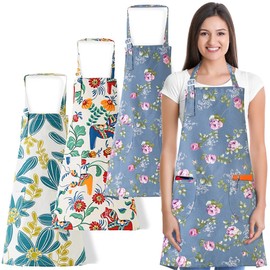 APRONNER 3 PCS Cooking kitchen Baking Aprons for Women with Pockets Vintage Cotton Linen, Three Flowers 01, Adjustable