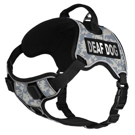 Dogline Quest No-Pull Dog Harness with Deaf Dog Reflective Removable Patches Reflective Soft Comfortable Dog Vest with Quick Release Dual Buckles Black Hardware and Handle 18 to 22 inches UrbanCamo