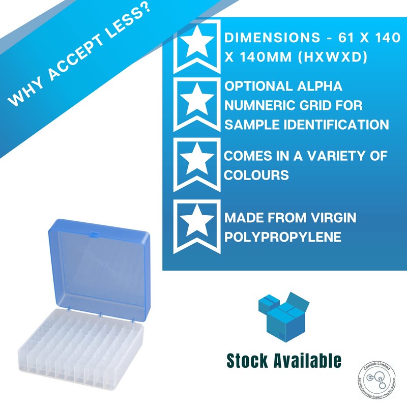 Camlab Plastics RTP/72101-B Storage Box, 100 Place, Polypropylene, Blue