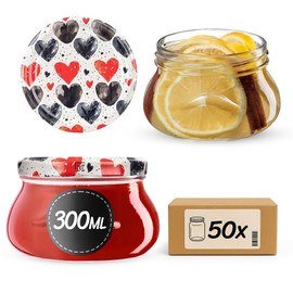 KADAX Jam Jars 300ml with fi82mm Screw Lids Small Mason Jars for Honey and Spices Jam Jars with Lids Airtight Jars for Gifting (Heart, Pack of 50)