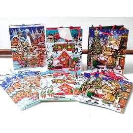 CaPiSo Pack of 12 Medium Design Gift Bags with Sturdy Cord 23 cm x 18 cm x 10 cm Gift Bags Carry Bag with Handle Party Bags Colourful Bags Carrier Bags Red Christmas