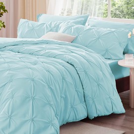 BEDELITE Macaron Blue Queen Comforter Set - 3 Pieces Boho Pintuck Bedding Comforter Sets, Lightweight Soft & Warm Bed Comforter Queen with 2 Pillowcases for All Season