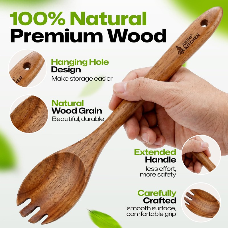 AIUHI Wooden Salad Spoon Fork, 2-in-1 Teak Wood Cooking Utensil,