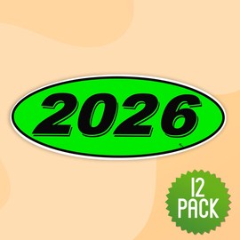 Versa-Tags Versa Tags 2026 Oval Model Year Car Dealer Window Stickers Proudly Made in The USA Versa Oval Model Windshield Year Stickers are Green and Black in Color Come Twelve (12) to A Pack