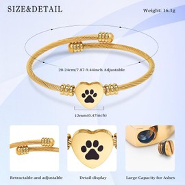 QGJNSGC Cremation Bracelet for Ashes Memorial Jewelry Stainless Steel Pet Paw Heart Shape Urn Pendant Bangle Loved Ones Funeral Ashes Holder Keepsake Gift