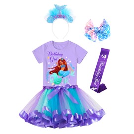 Doctor Unicorn Birthday Girls Mermaid Outfit Set Costume Tutu Skirt Dress, Mermaid Birthday Shirt, Headband & Satin Sash (Purple-2, 8-9 Years)