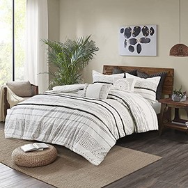 INK+IVY Nea 100% Cotton Duvet Set Mid Century Modern Design, All Season Comforter Cover Bedding Set, Matching Shams, Full/Queen, Stripes Teasel White 3 Piece