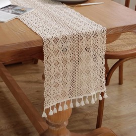meioro Crochet Lace Table Runner, 10x94 Inch Boho Cotton Table Runners with Tassels, Rustic Farmhouse Table Decoration 94 Inches Long, Mesh Woven Table Decor for Bridal Shower Party Wedding（Style B）