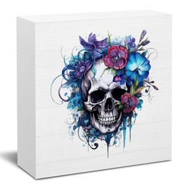 Cute Aesthetic Gothic Wooden Box Sign Butterfly Skeleton Desk Decor Flower Skull Decorations for Home Office Kitchen Desk Office Gifts for Coworkers 5 X 5 Inch
