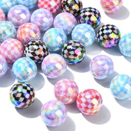 Stiesy 50 Pcs Round with Tartan Acrylic Bubblegum Beads 15mm Round Plaid Loose Beads UV Plating Rainbow Iridescent Checkered Pattern Beads Bulk for Jewelry Making Beading Supplies