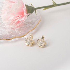 ‌14K Gold Floral Hoop Earrings for Women White Black Dual Side Dainty Flower Design with CZ Stones Sparkly Elegant Jewelry Gift