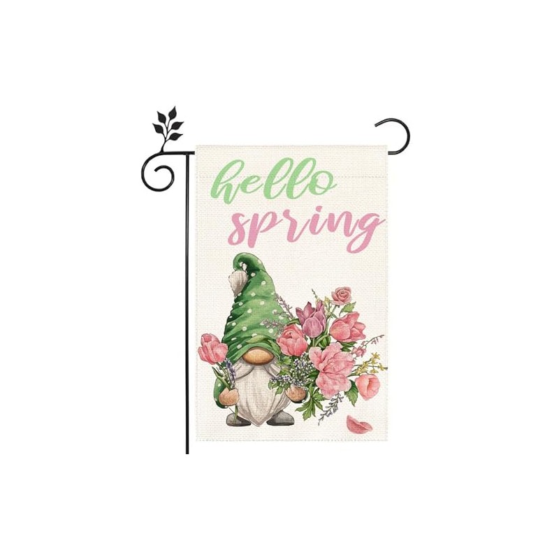 Gnome Hello Spring flowers Garden Flag 12x18 Inch Double Sided