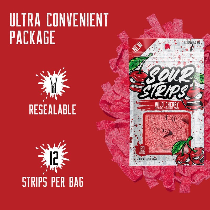 SOUR STRIPS Wild Cherry Flavored Candy | Deliciously Chewy Belts
