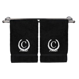 Toalla de mano con monogramado, regalo personalizado, 40,6 x 76,2 cm, letra blanca bordada con diseño de corona en toalla negra, extra absorbente, 100% algodón turco, acabado de rizo suave, inicial C