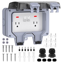 Double Outdoor Outlet with Cover IP66 Waterproof Outdside Plug Socket Weatherproof Exterior Wall Electrical Box with Switch Indicator Light 2-Gang Power Outlet for Wet Garden Swimming Pool