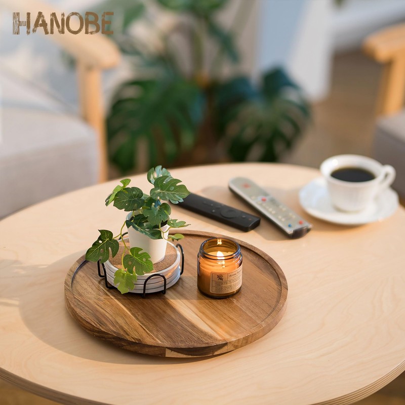Hanobe Wood Tray Lazy Susan: Round Acacia Wooden Turntable Decorative