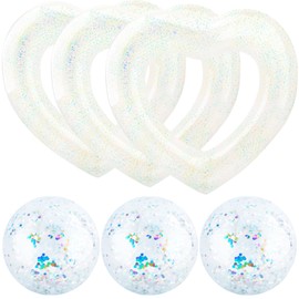 3 Pack Heart Pool Floats Inflatable Blow up Heart Shaped Swim Rings 43.3 x 43.3 Inch and 3 Pack 16 Inch Inflatable Glitter Beach Ball for Water Fun Beach Bachelorette Party for Adults (Color Set 1)