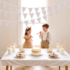 CORNER LACE 16Ft Boho Fabric Triangle Flags Banner 3 Pcs - Cloth Bunting Garland Streamer for Baby Shower Birthday Party Home Outdoor Garden Hanging Decor (Brown & Cream Checkered)