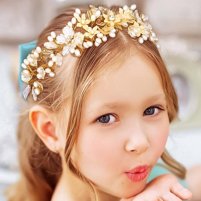Woeoe Princess Flower Girl Headpiece Floral Pearl Headband Bridal Wedding