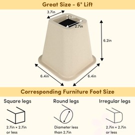 DEDU Bed Risers 6 Inch Heavy Duty 6 Pack, Furniture Risers for Sofas Oversized, Couch Risers with Non-Slip Pad Supports Up to 2200 Lbs for Bed, Desk, Chair (Beige)