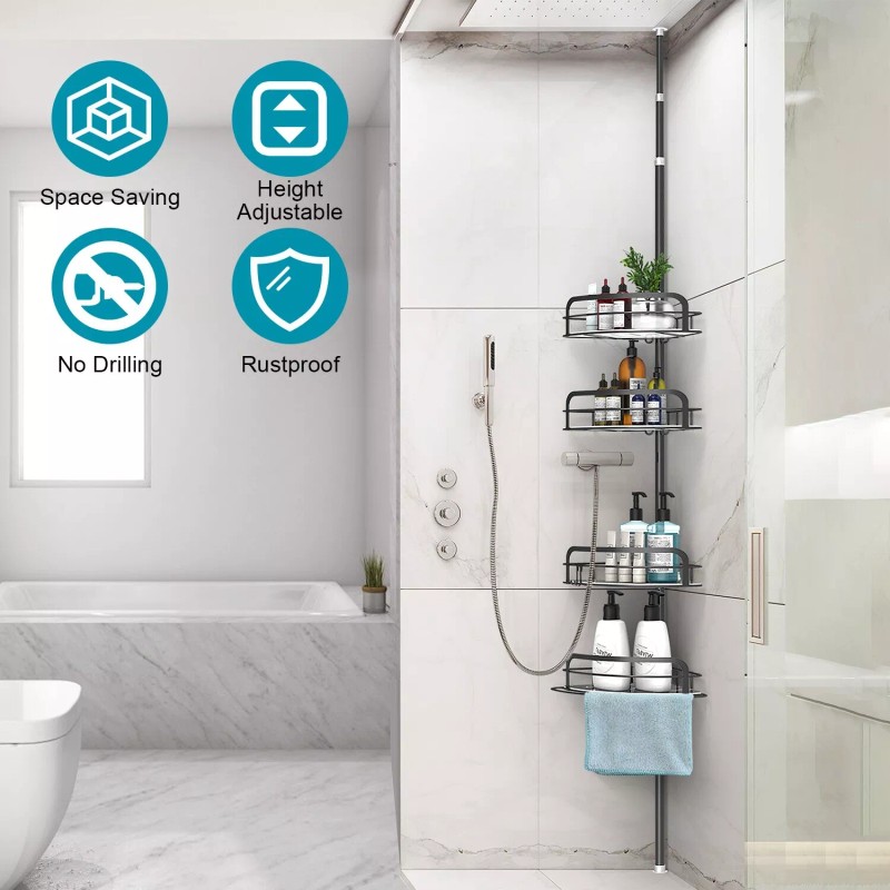 NewHome 4 Tier Steel Tension Pole Shower Caddy Organizer w/