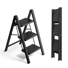 SOLADDER Step Ladder 3 Step Folding, Small Step Stool for Adults, Portable Anti-Slip Iron Stepladder with Wide Pedals for Home and Kitchen Use, Space Saving - Black (300 lbs)