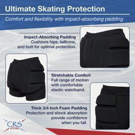 CRS Cross Padded Figure Skating Shorts. Crash Pad Pants for Roller, Inline, Ice Skating, Snowboarding, and Skiing. Fall Impact Protection for Butt, HIPS, and Tailbone (Youth Medium Black)