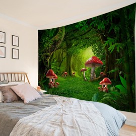 HVEST Forest Tapestry Wall Hanging Red Mushroom in Green Leaf Tree Forest Nature Landscape Tapestry for Bedroom, Fairy Tale Forest Tapestry for Living Room Dorm Wall Decor, 60W X 40H inches