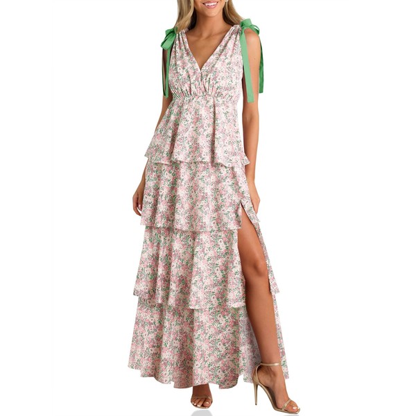 Wenrine Womens Summer Floral Maxi Dress Tie Strap Sleeveless V