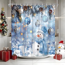 Christmas Winter Snowman Shower Curtain Pink Ball Snowflake Pine Branch Twig Xmas New Year Holiday Fantasy Bathroom Curtains Set Polyester Fabric with Hooks 70X70 Inch (Blue)