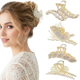 4Pcs Large Metal Hair Claw Clips with Rhinestones & Pearls, Non-Slip Waves-butterflies-leaves-bowknot Hair Clips for Thin and Thick Hair, Gold Sparkly Strong Hold Hair Claws for Women