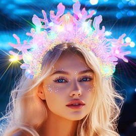 Handcess Light up Coral Headband LED Shell Hair Band Glowing Mermaid Costume Crown Headbands Party Rave Hair Accessories for Women