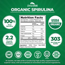 Zazzee Organic Spirulina Powder, 2.2 Pounds (1 KG), USDA Certified, 303 Servings, Kosher, 100% Pure, Non-Irradiated, Mess-Free Wide Mouth Container, Fresh Smell and Neutral Taste, Non-GMO, Gluten-Free