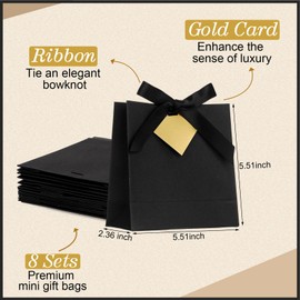 AmazingSpark 8 Pcs Small Black Gift Bags with Golden Tag 5.51 x 5.51 Inches Mini Gift Bags with Ribbon for Birthday Wedding Christmas Baby Showers, Bachelorette Bridal Showers Business Party Favor