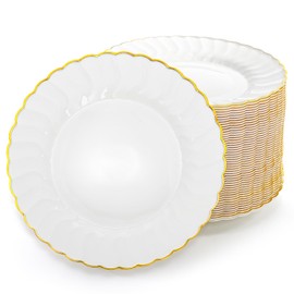 Coloch 50 Pack Gold Plastic Plates, 6 Inch White with Gold Rim Round Disposable Appetizer Dessert Plates for Wedding, Buffet, Party, Catering
