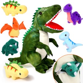 15.7 Inch Plush T-Rex Dinosaur Plush Stuffed Animal with 5 Cute Little Dinosaurs in Tummy Carrier Soft Cuddly Stuffed Animal Pillow for Birthday Party Favor Boys, Girls Nursery Decoration Idea