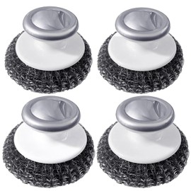 Stainless Steel Wool Scrubber with Handle, Heavy Duty Dish Scrubber, Steel Brush for Cleaning Pots, Pans, Grills, Sink (4 Pack)