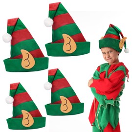 MONCAP 4Pcs Christmas Elf Hat with Ears for Kids Adults Santa's Helper Felt Hat Xmas Party New Year Fancy Dress Novelty Stripe Hat, 2 Sizes for Family