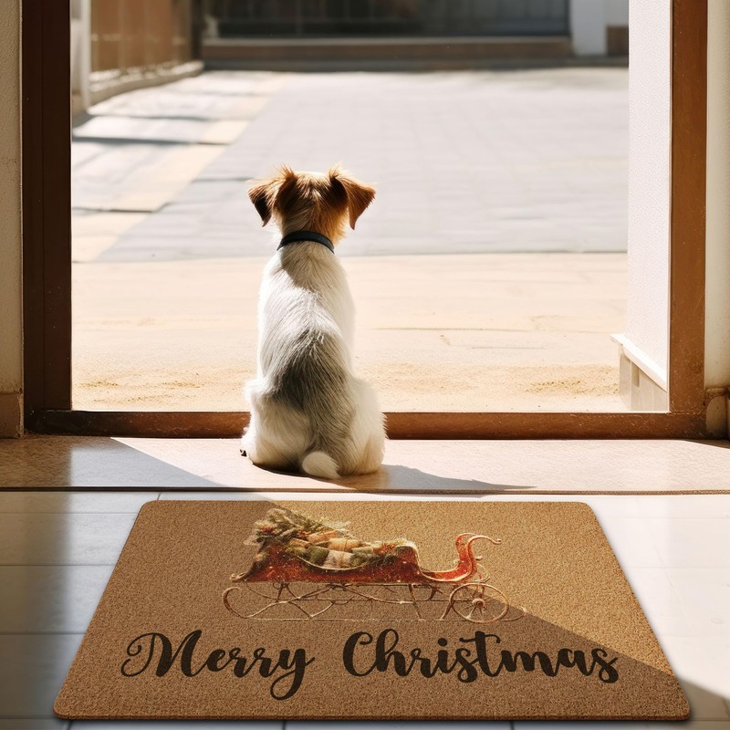 Rustic Sleigh Doormat, Merry Christmas Welcome Mat Artificial Coir Non