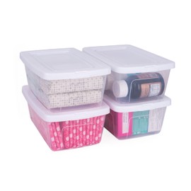 JOY Caja de Almacenamiento de Plástico con Tapa Color Blanco, Paquete de 4, Con Capacidad 4 Litros, Organizador Transparente y Apilable, Ideal para el Acomodo en el Hogar (27x18x10.5 cm)