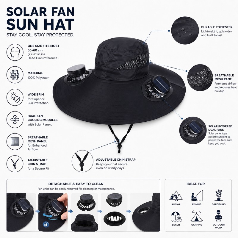 Solar Fan Wide Brim Hat for Outdoor Cooling – Polyester