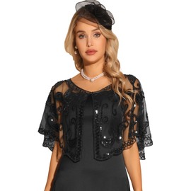 Allegra K Women's Sequin Beaded Shawl Wraps Evening Cape Bridal Cover Up Black M