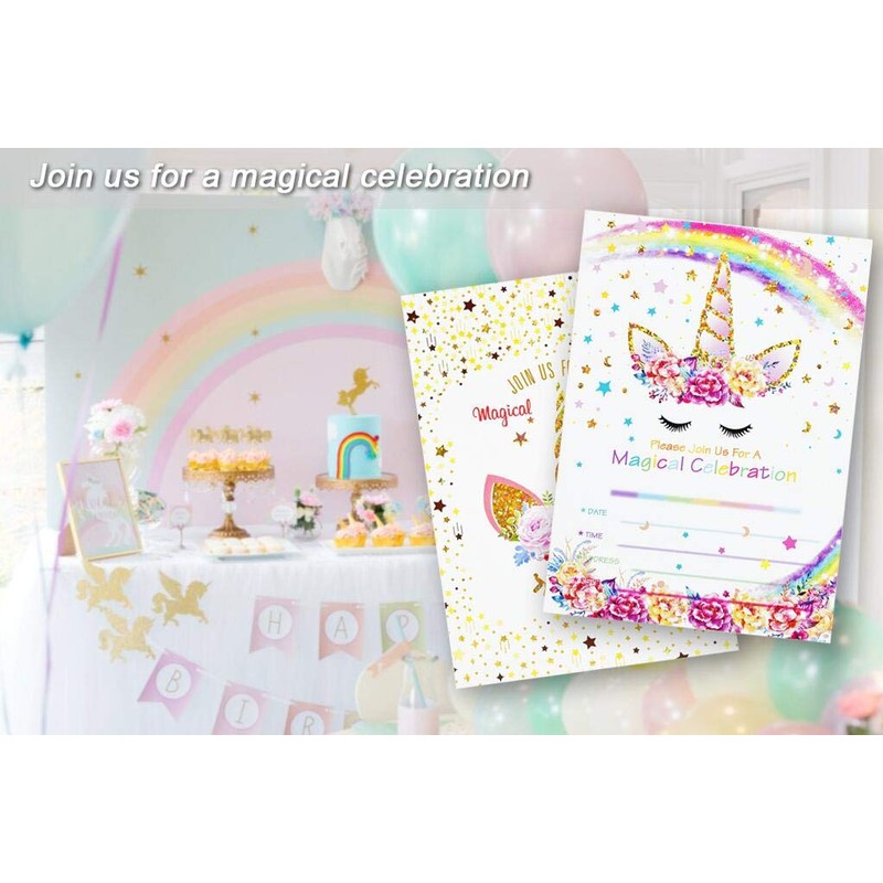 T-Antrix ユニコーン招待状 封筒24枚付き 両面レインボーグリッター ユニコーン 誕生日パーティー招待状カード 子供の誕生日 ベビーシャワー ユニコーン パーティー用品