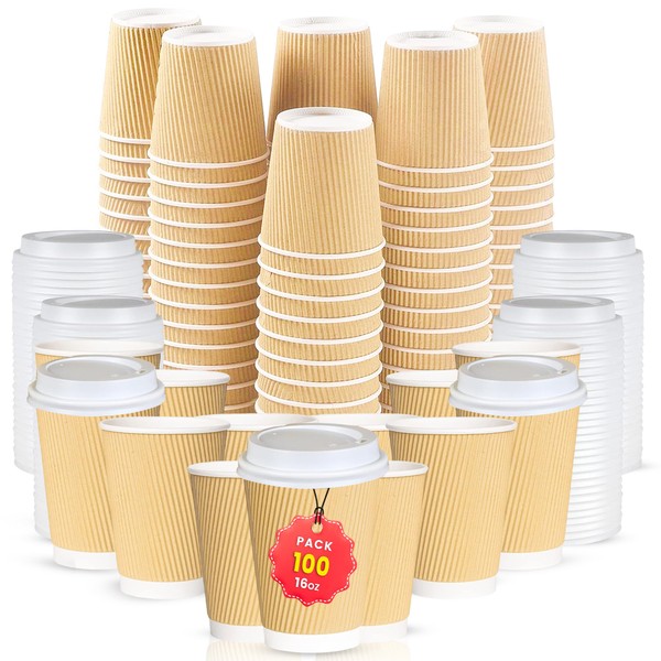 CHEF ROYALE 100x 16oz Disposable Kraft Ripple Paper Hot Coffee