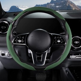 Car Steering Wheel Cover Leather Snap On 3Pcs Steering Wheel Cover Set Non-Slip Protector Wrap Steering Wheel Accessories 14-15 inch Universal Green