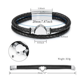 Cremation Jewelry Heart Urn Leather Bracelet for Ashes for Men Women Memorial Keepsake Braided Bracelet (Silver-20cm)
