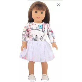 Justaskjoyce Collection Dress, White Soft Dress - Kitty Cat, Tulle Fabric Overlay, Design for 18 Dolls