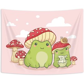 Uokiuki Kawaii Cute Frog Mushroom Snails Wall Hanging for Bedroom Aesthetic, Pink Tapestry for Teen Girls Room, Cottagecore Dorm 40 X 28 Inch